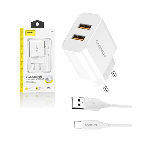 Carregador de Parede USB Rápido Foneng EU45 com Cabo Tipo C 2,4A Branco